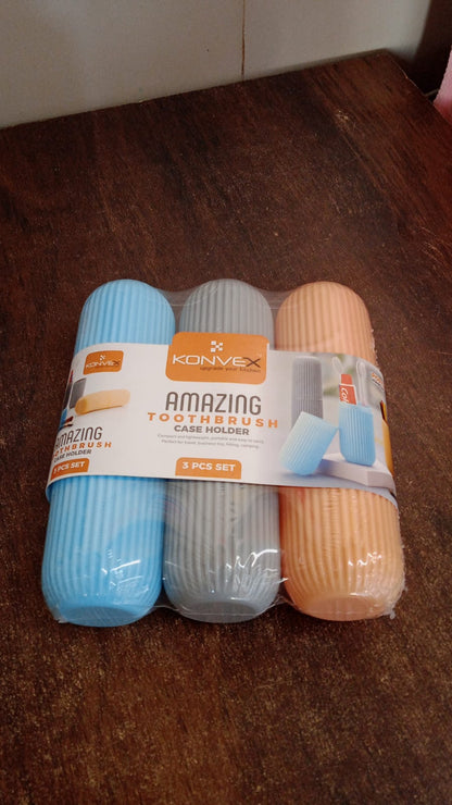 Capsule Shape Travel Toothbrush Toothpaste Case Holder (Multicolor / 3 Pcs Set) Signaturekarts