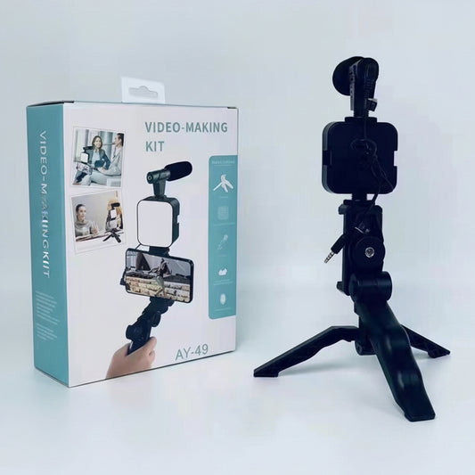 6054 Vlogging Kit For Video Making With Mic Mini Tripod Stand Led Light  Phone Holder Clip For Making Videos