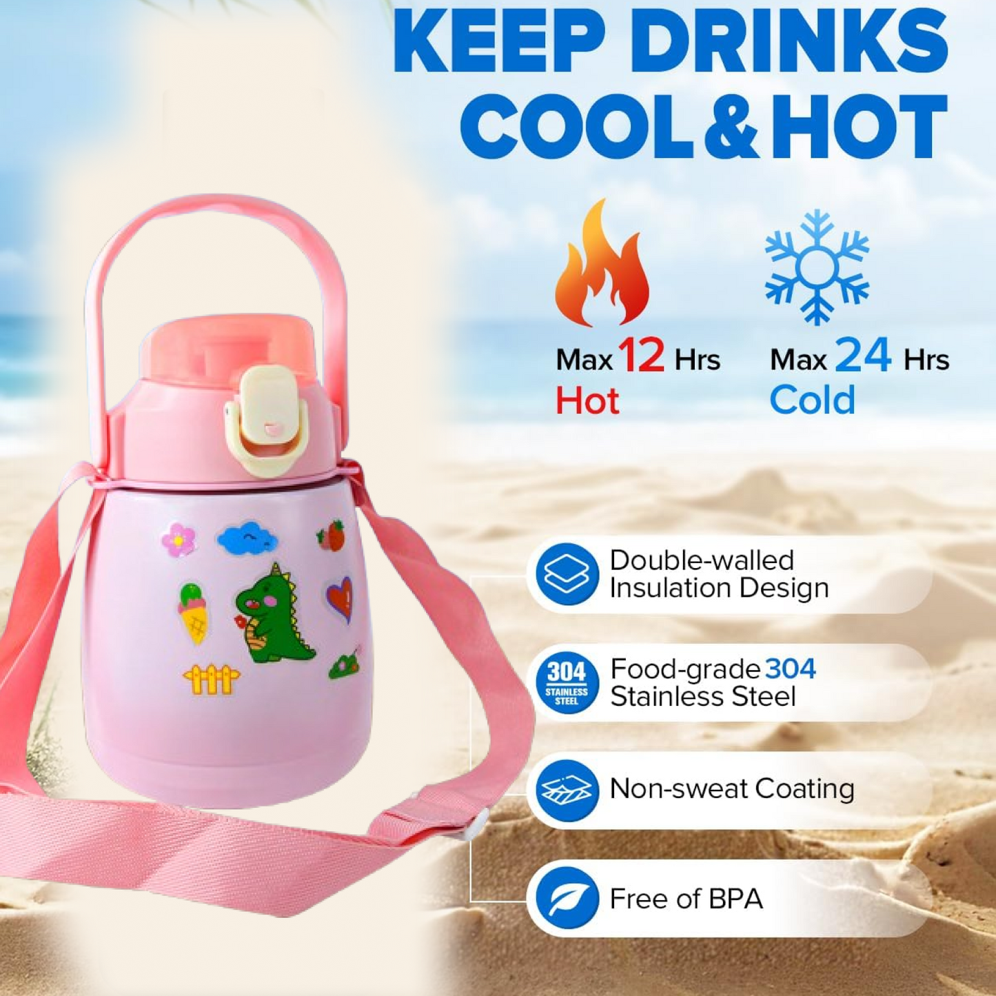 Stainless Steel Vacuum Insulated Water Bottle with Handle & Sticker (700 ML) Signature Kart