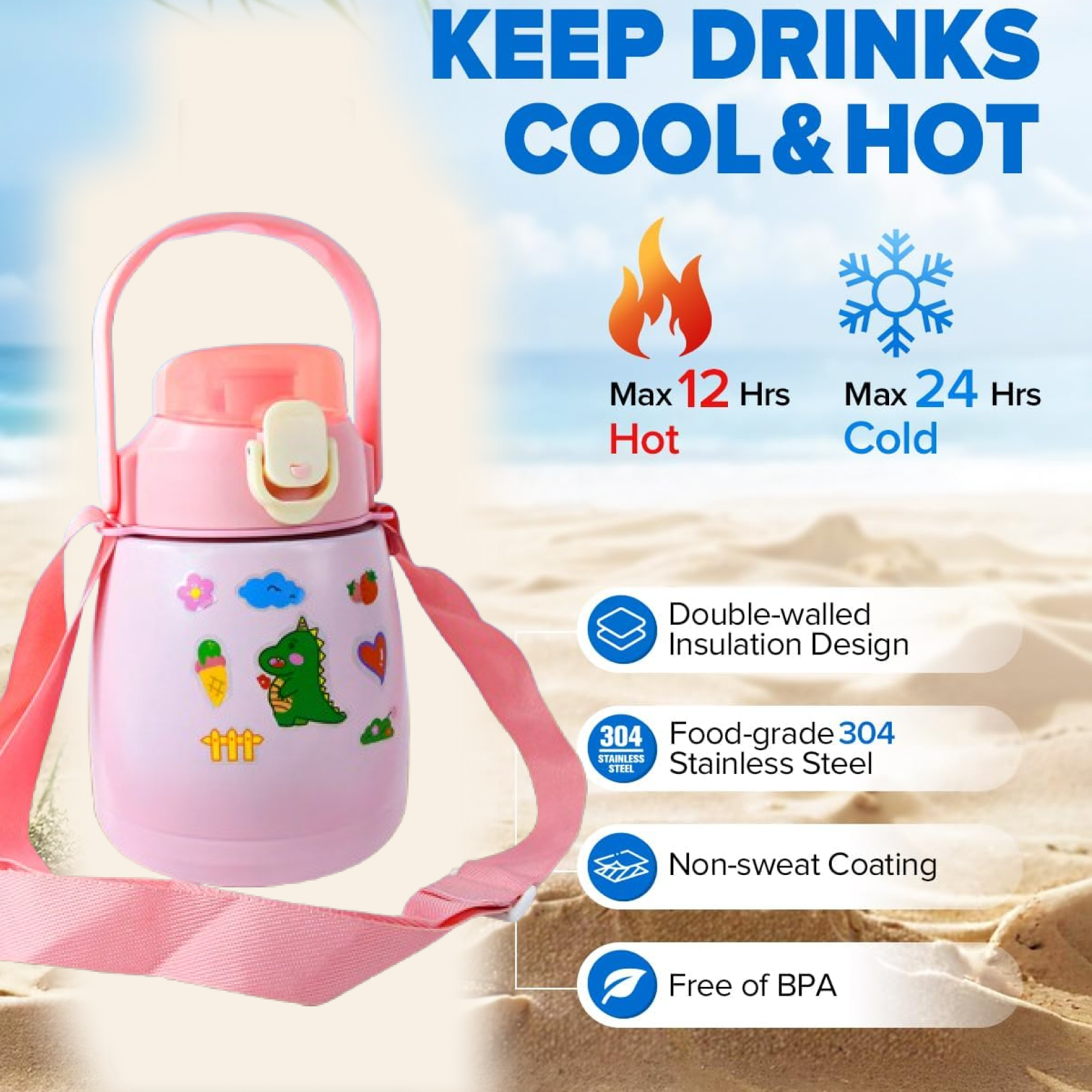 Stainless Steel Vacuum Insulated Water Bottle with Handle & Sticker (700 ML) Signature Kart