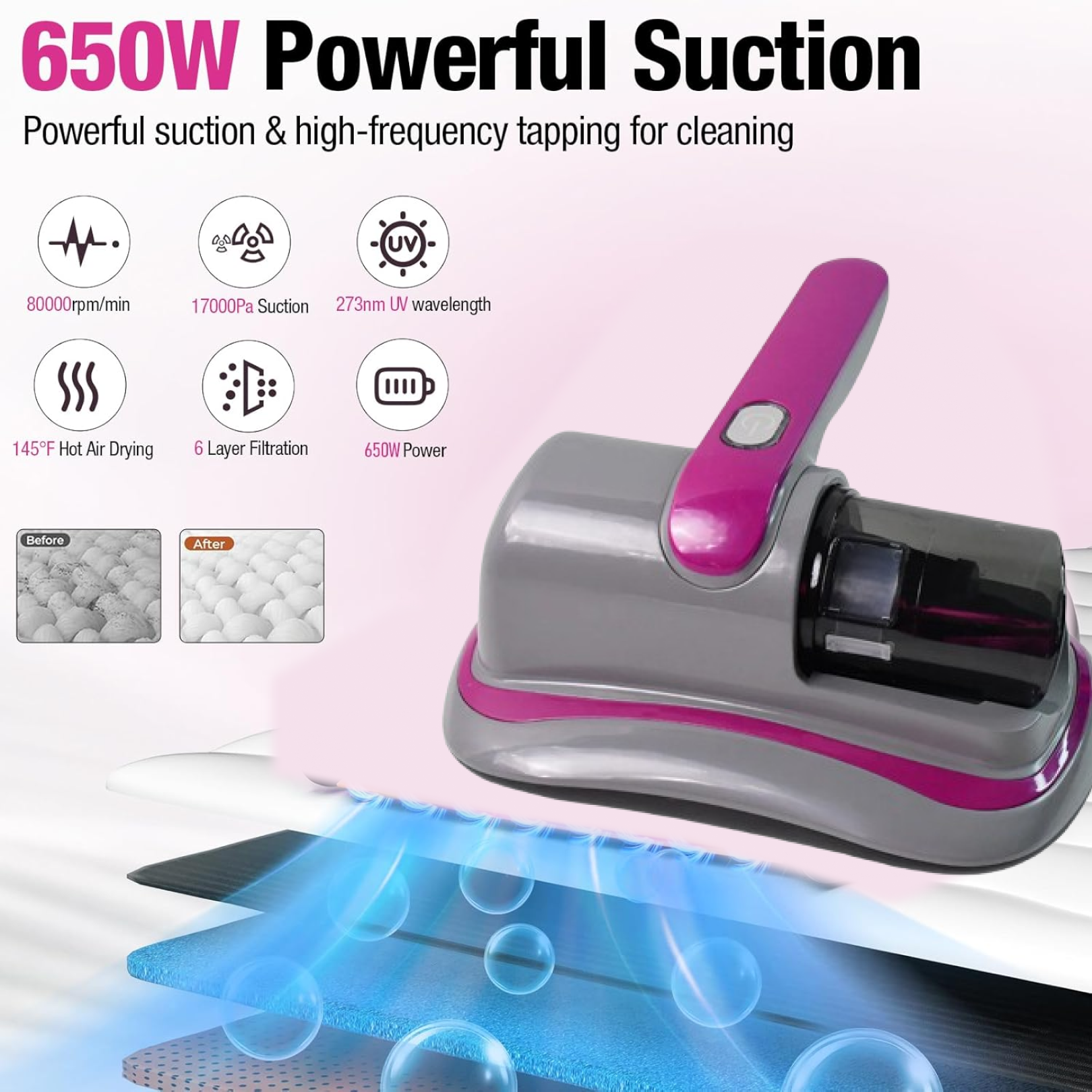 Powerful Suction Portable Handheld Vacuum Cleaner - Low Noise Vacuum Cleaner for Bed - Cordless Vacuum Cleaner for Car Seat Crevices Pillows, Mattresses, Sofas Wireless Anti Dust and Mite Cleaner signaturekarts