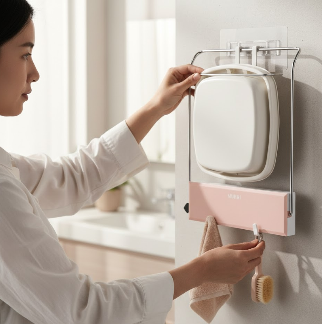 Wall-Mounted Foldable Wash Basin Storage Rack with Self-Adhesive Sticker Your Brand