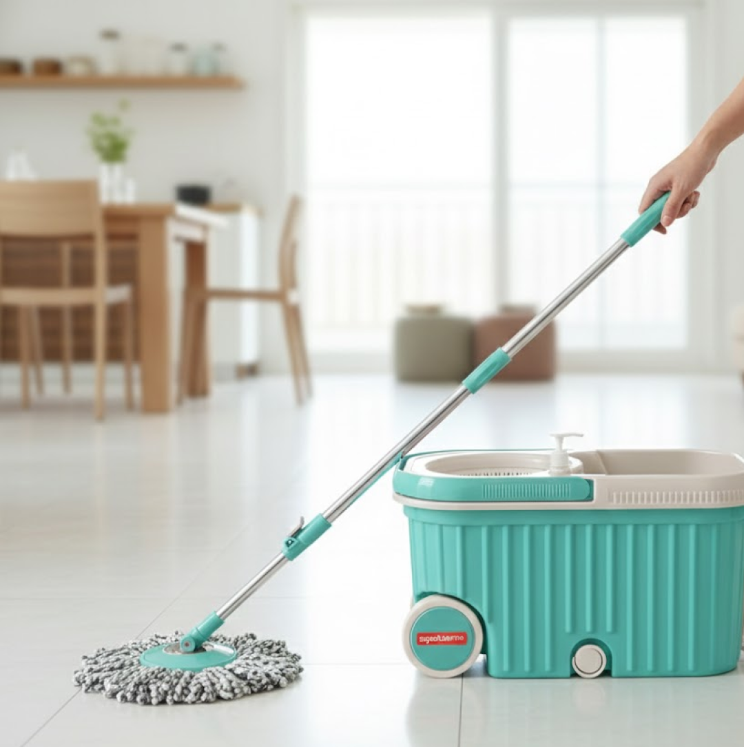 Spin Mop with Bigger Wheels and Plastic Auto Fold Handle for 360 Degree Cleaning Your Brand