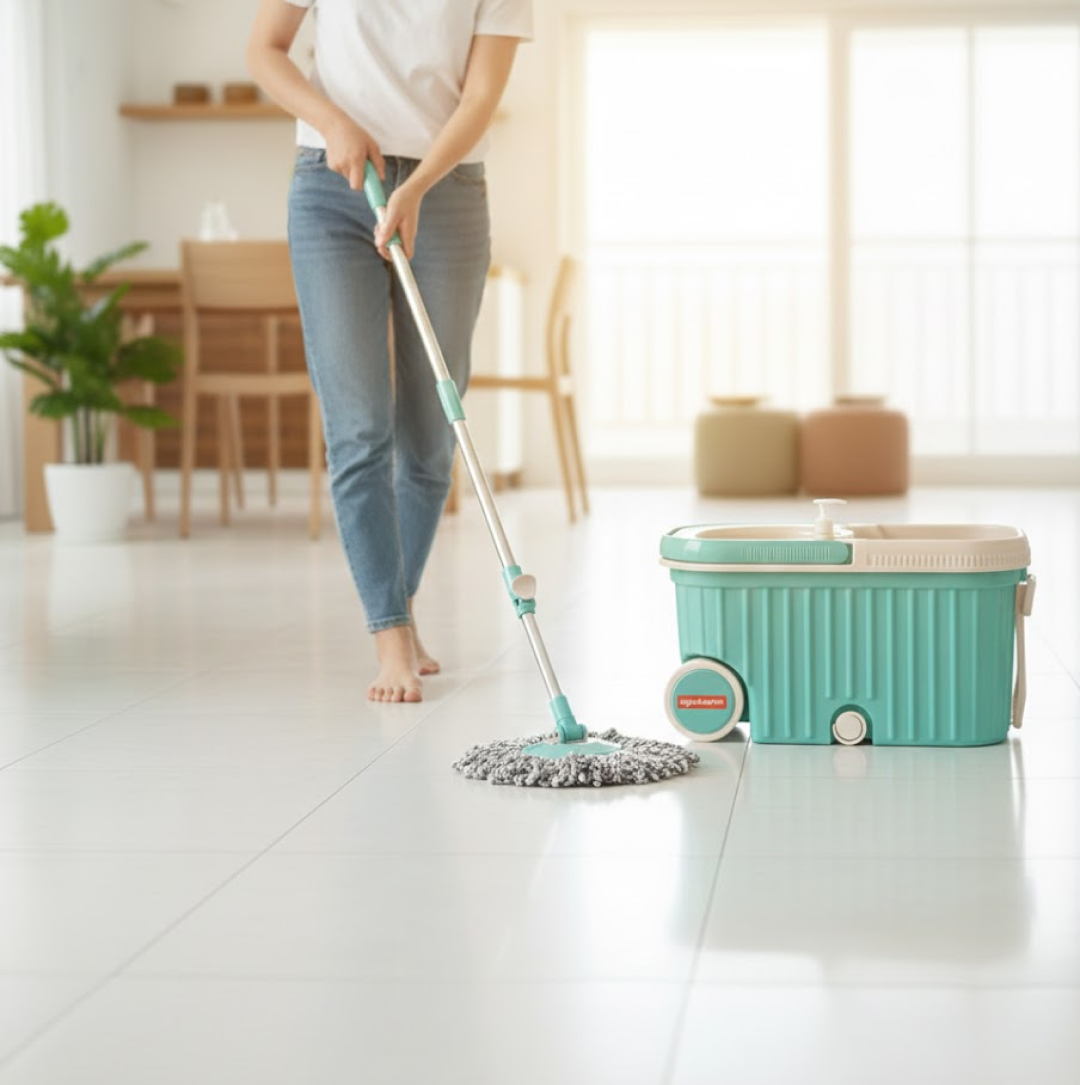 Spin Mop with Bigger Wheels and Plastic Auto Fold Handle for 360 Degree Cleaning Your Brand