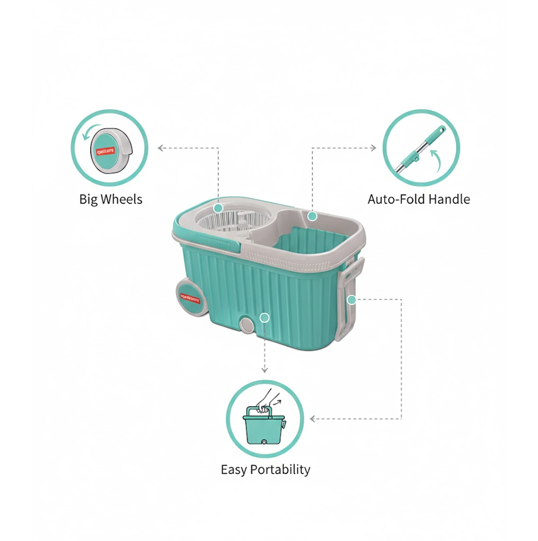 Spin Mop with Bigger Wheels and Plastic Auto Fold Handle for 360 Degree Cleaning Your Brand