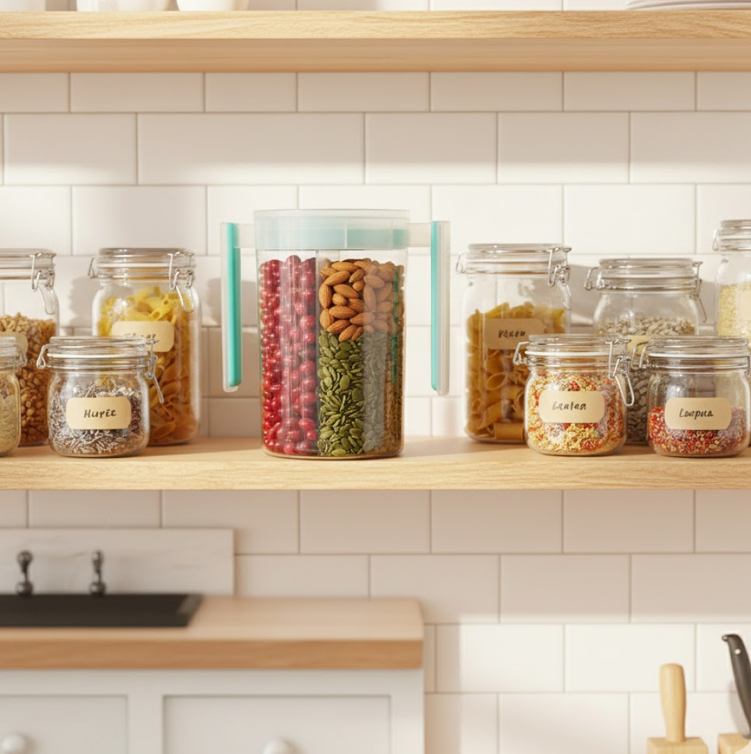 3 in 1 Transparent Air Tight Storage Dispenser Container (With Color Box) Your Brand