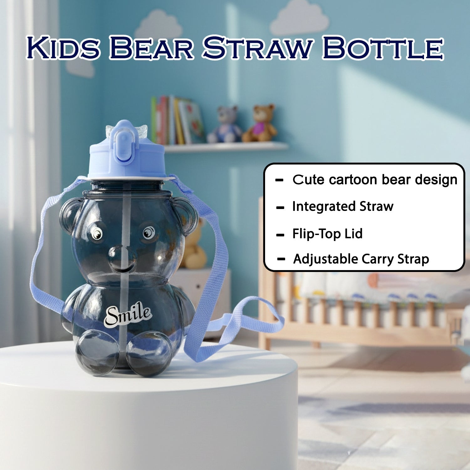 Kids Cartoon Bear Water Bottle with Straw & Shoulder Strap (1 Pc) The Morsignaturekarts