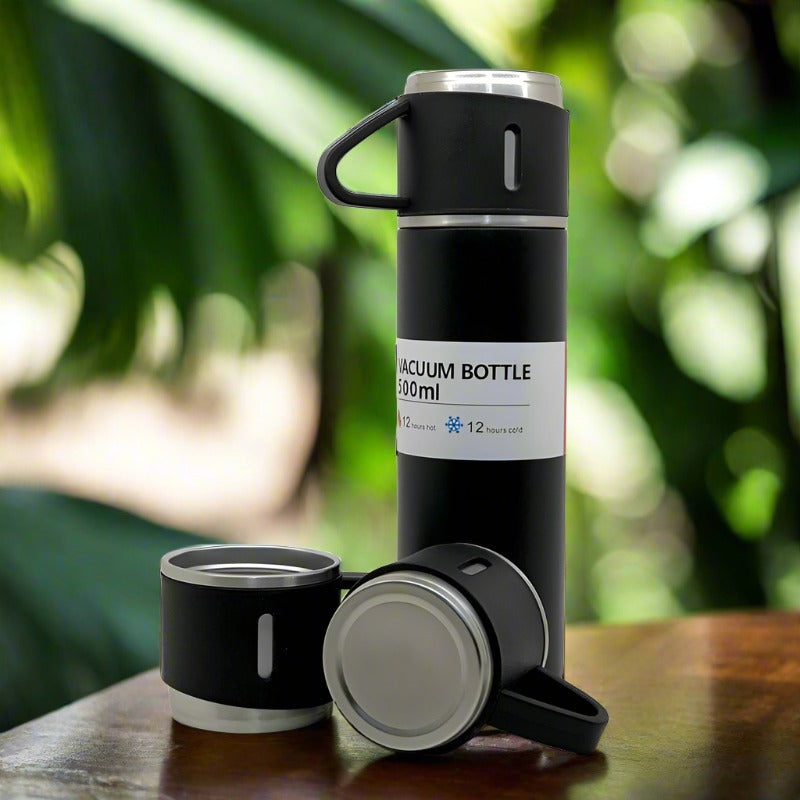 Stainless Steel Vacuum Flask Set with 3 Steel Cups Combo (500ml) signaturekarts