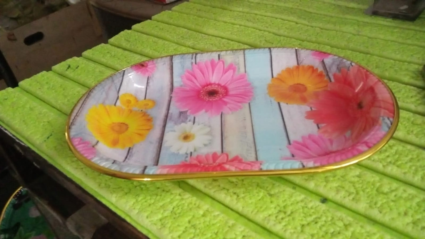 Medium Plastic Flower Printed Design Serving Tray (1 Pc / 31 x 21 CM / Mix Color) signaturekarts