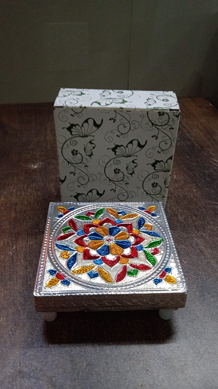 1 Pc Meenakari Wooden Chowki & Bajot Set: For Home & Office Puja (Multicolor) signaturekarts
