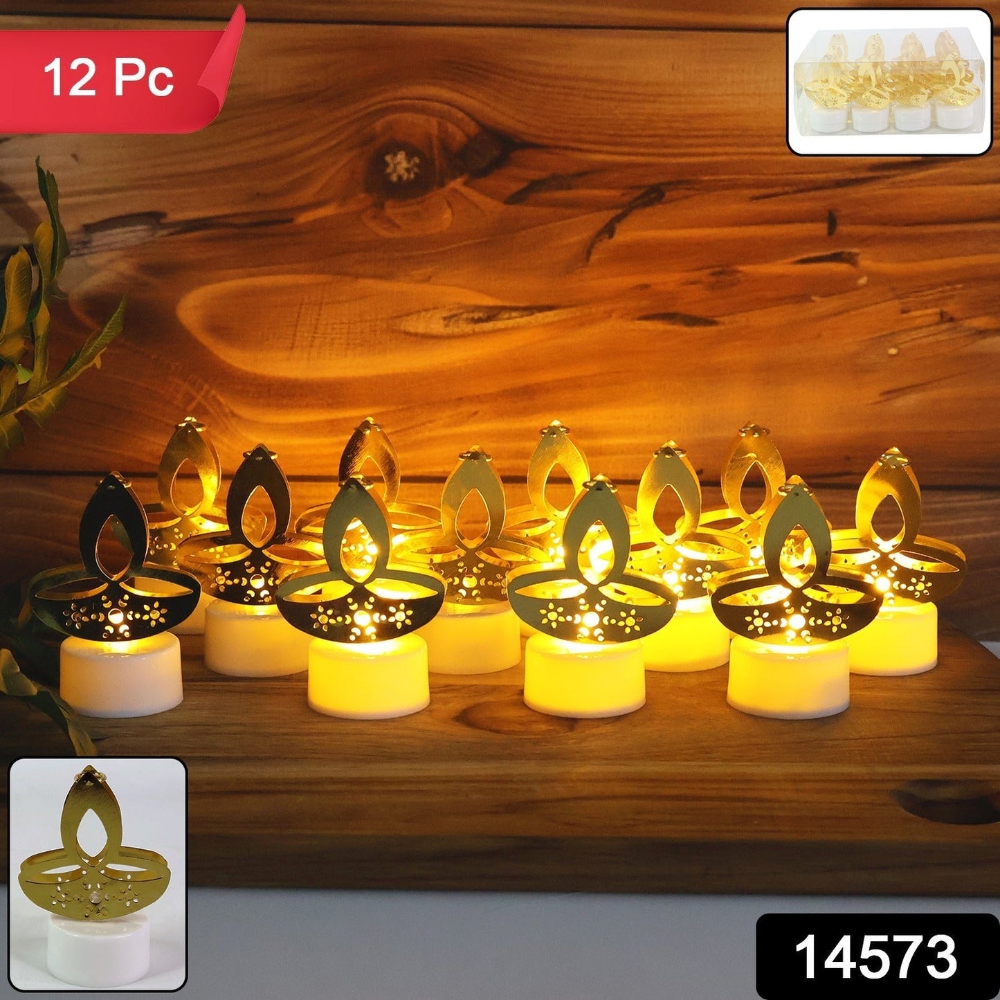 Golden Diya Shaped LED Tealight Candles (12 Pc) signaturekarts