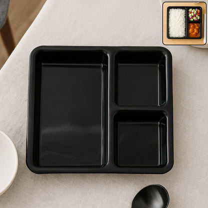 Plastic 3-Compartment Meal Serving Tray – Rectangular Dining Plate (1 Pc / Black) signaturekarts