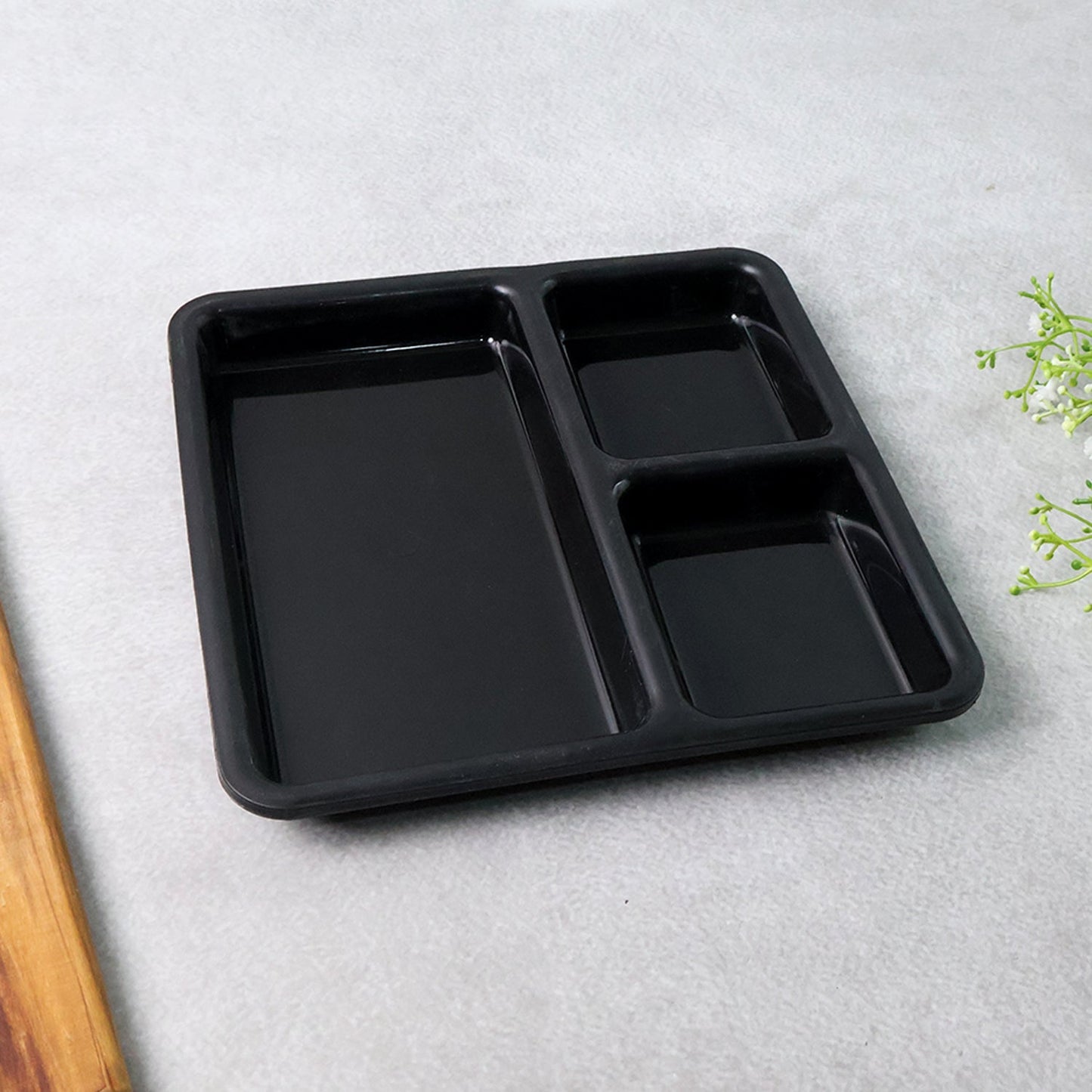 Plastic 3-Compartment Meal Serving Tray – Rectangular Dining Plate (1 Pc / Black) signaturekarts