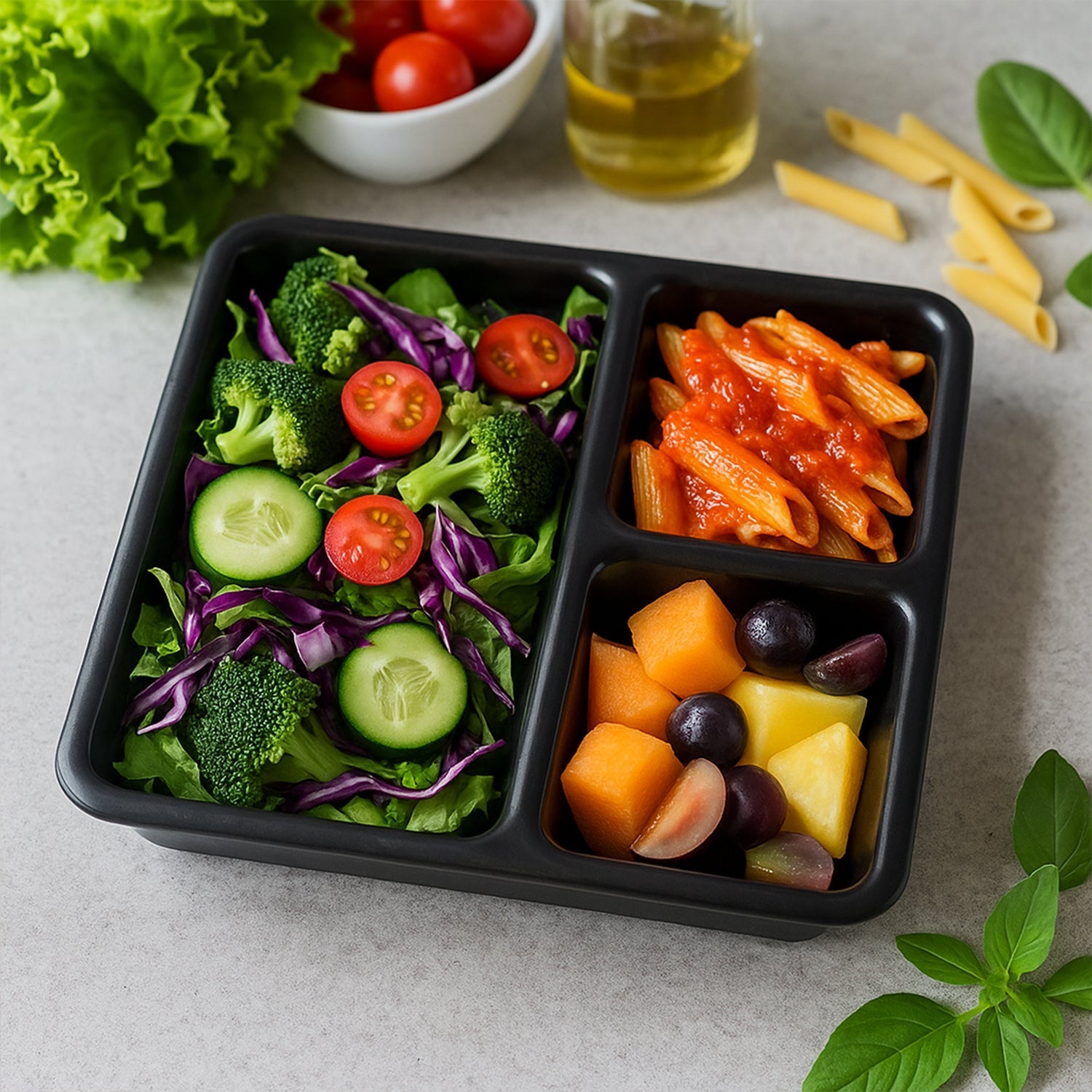 Plastic 3-Compartment Meal Serving Tray – Rectangular Dining Plate (1 Pc / Black) signaturekarts