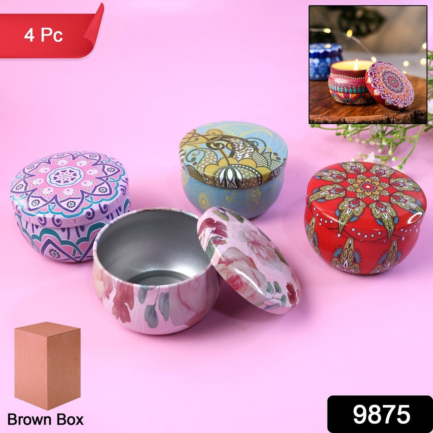 Premium Decorative Mandala Printed Metal Candle Container (4 Pc) The Morsignaturekarts