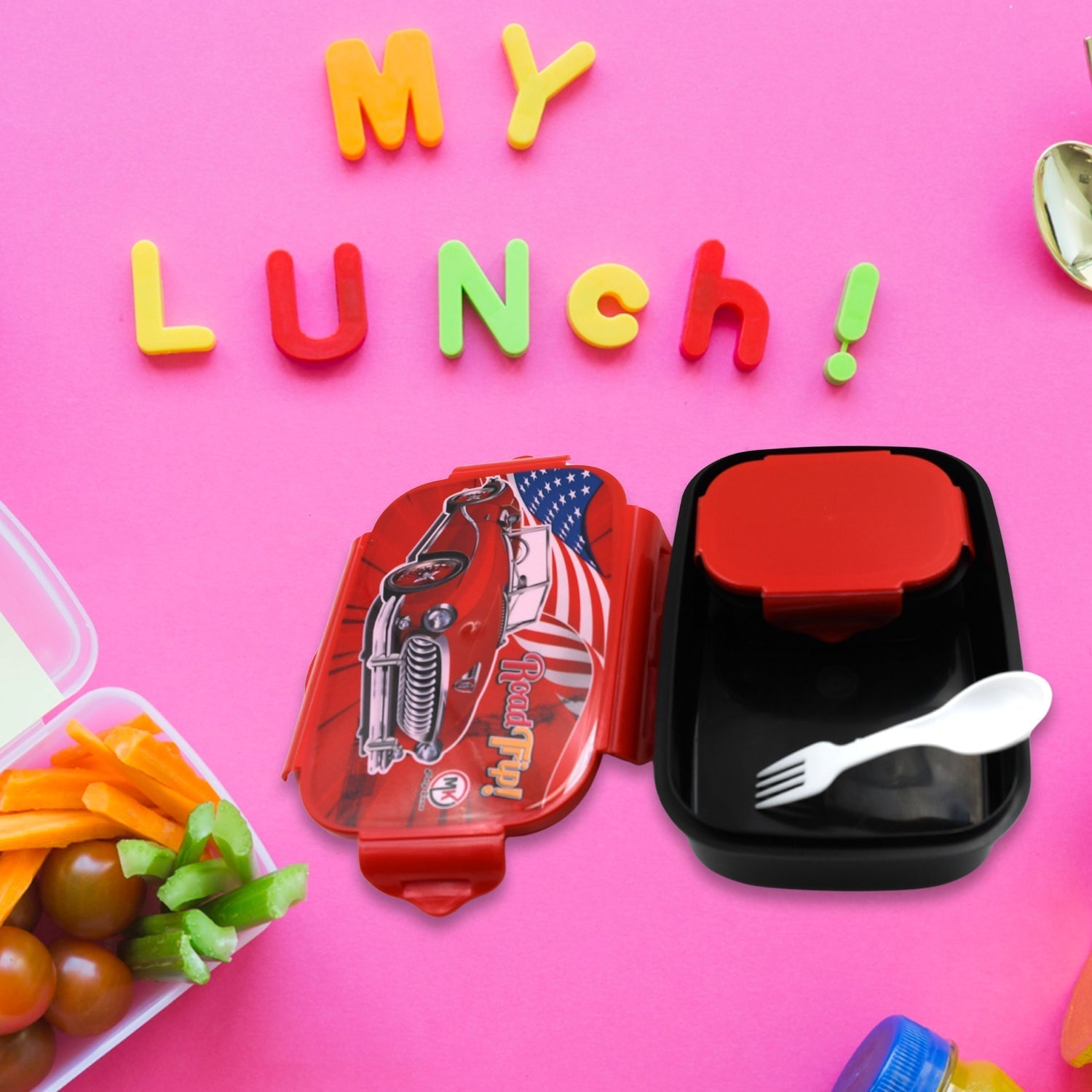 Beautiful Car Design Printed Plastic Lunch Box With Inside Small Box & Spoon for Kids, Air Tight Lunch Tiffin Box for Girls Boys, Food Container, Specially Designed for School Going Boys and Girls Signaturekarts