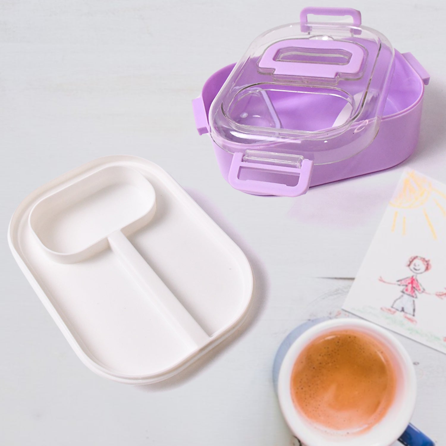 Plastic Lunch Box With Small Box, Bottle & Sponn for Kids Lunch Box (4 Pc Set) Signature kart