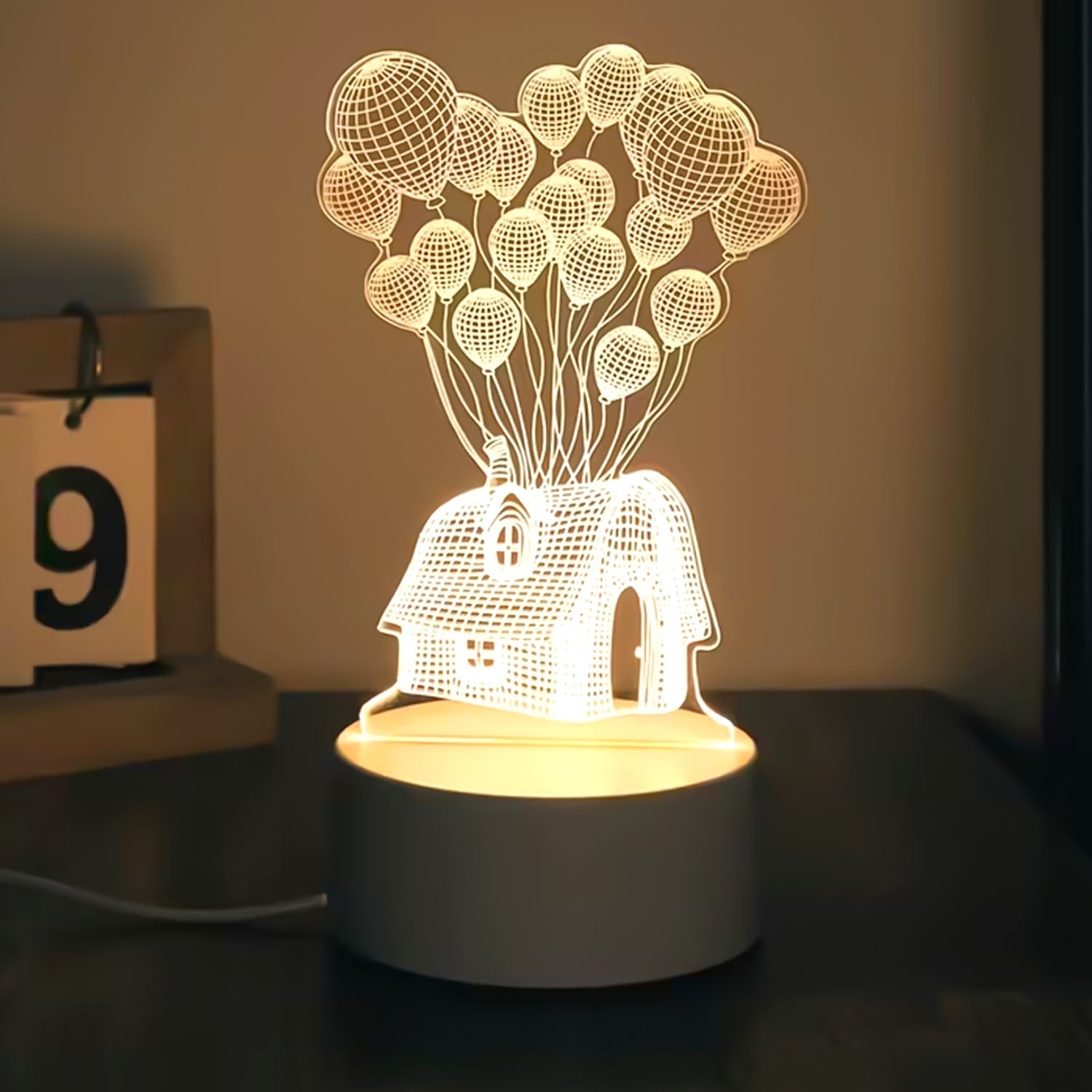3D Illusion LED Night Lamp with House and Balloons Design signaturekarts