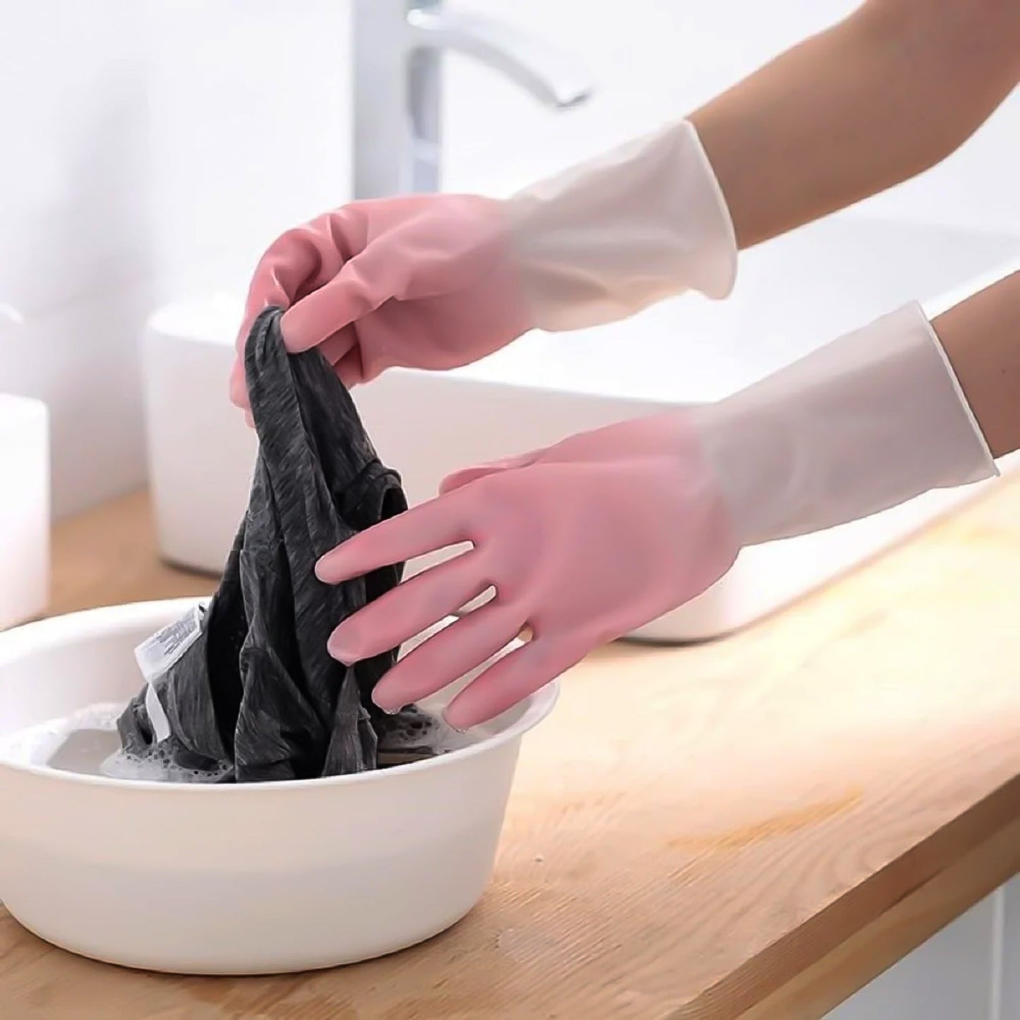 Medium Reusable Long-Cuff Household Cleaning Gloves - (1 Pair) signaturekarts