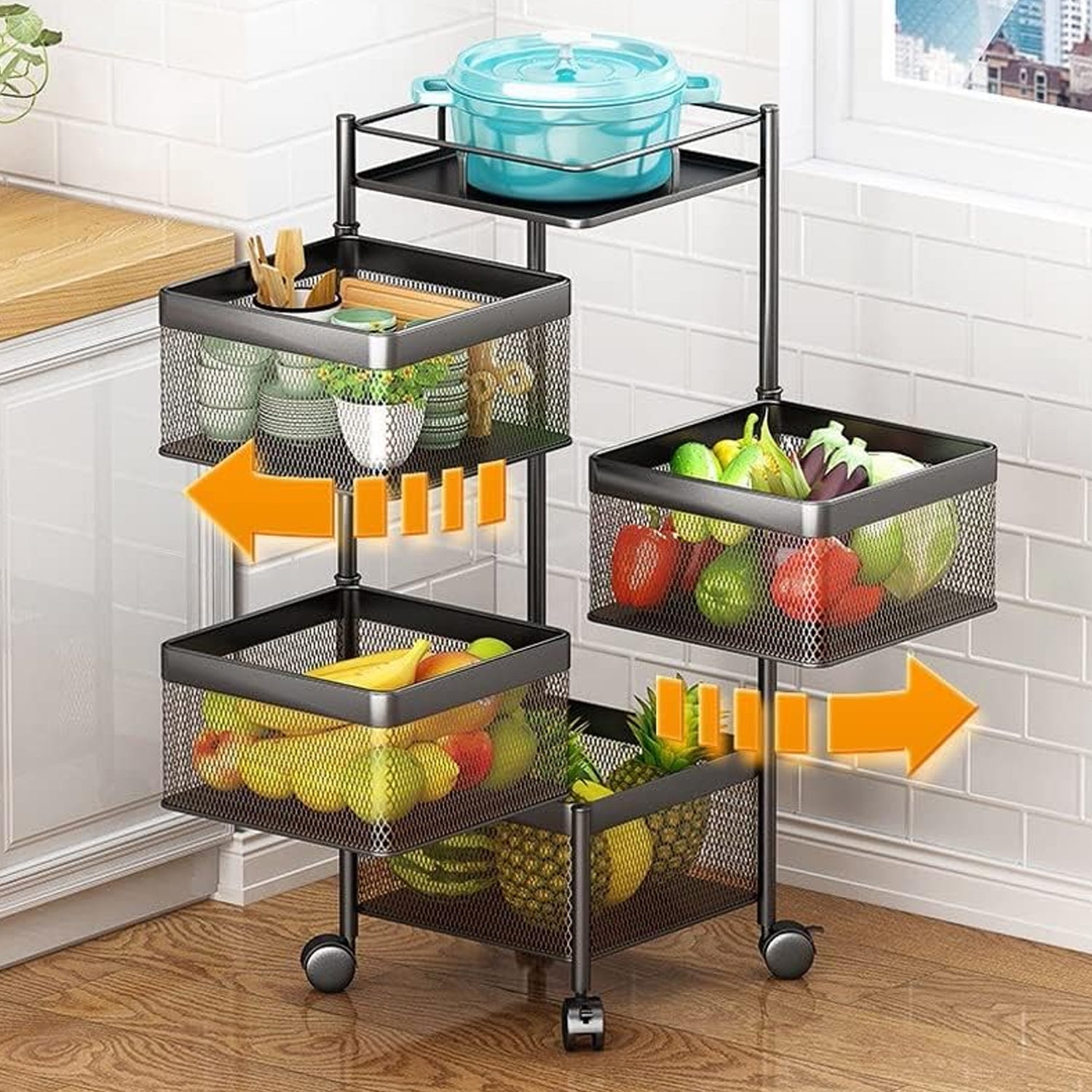 Metal High Quality Kitchen Trolley Kitchen Organizer Items and Kitchen Accessories Items for Kitchen Rack Square Design for Fruits & Vegetable Onion Storage Kitchen Trolley with Wheels (4 Layer) signaturekarts