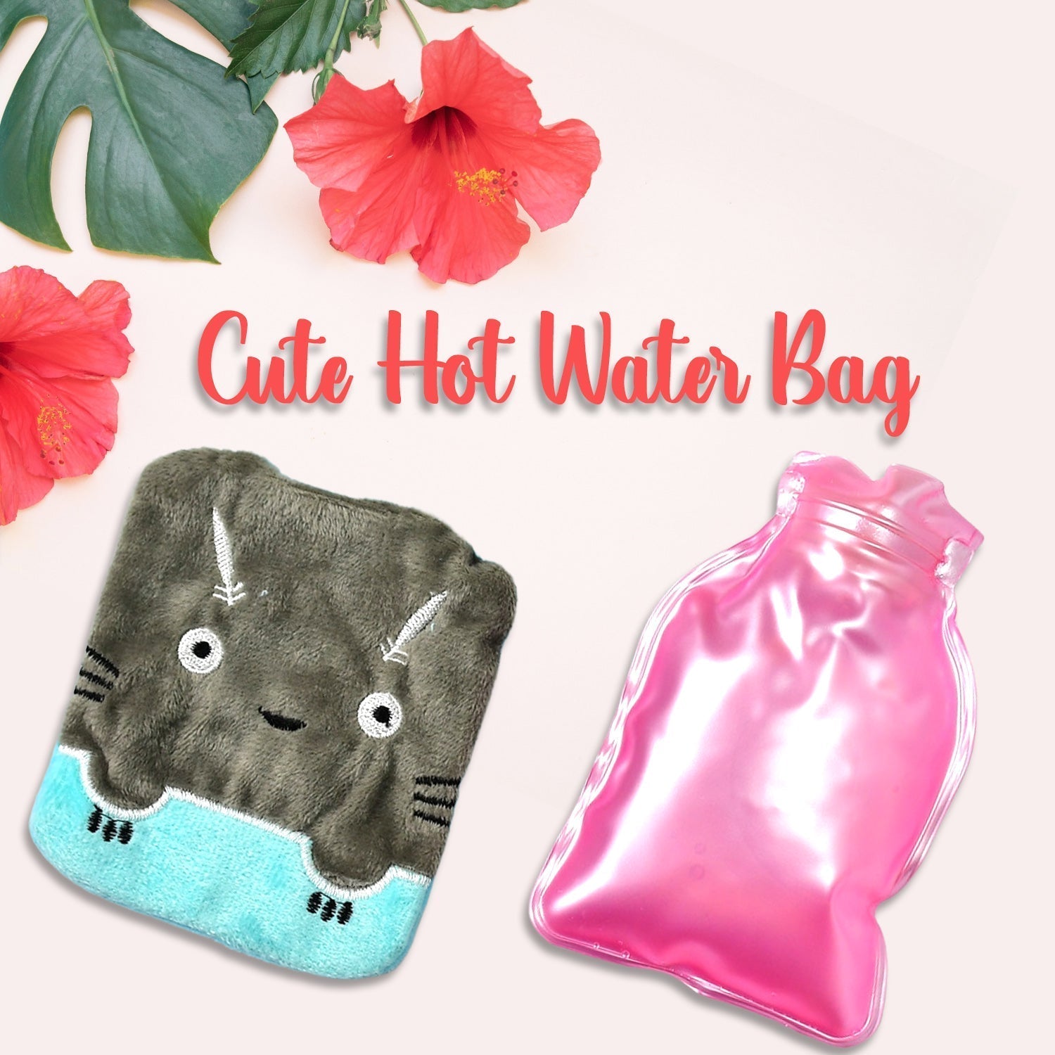 Grey Cat Print Small Hot Water Bag with Cover for Pain Relief signaturekarts