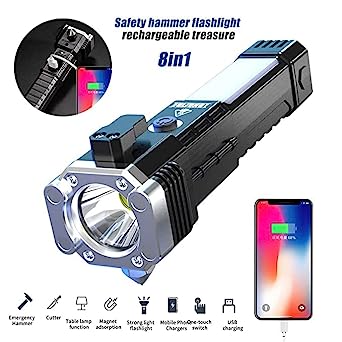 Portable 3W Rechargeable LED Torch with Long Beam, Hammer & Glass Cutter signaturekarts