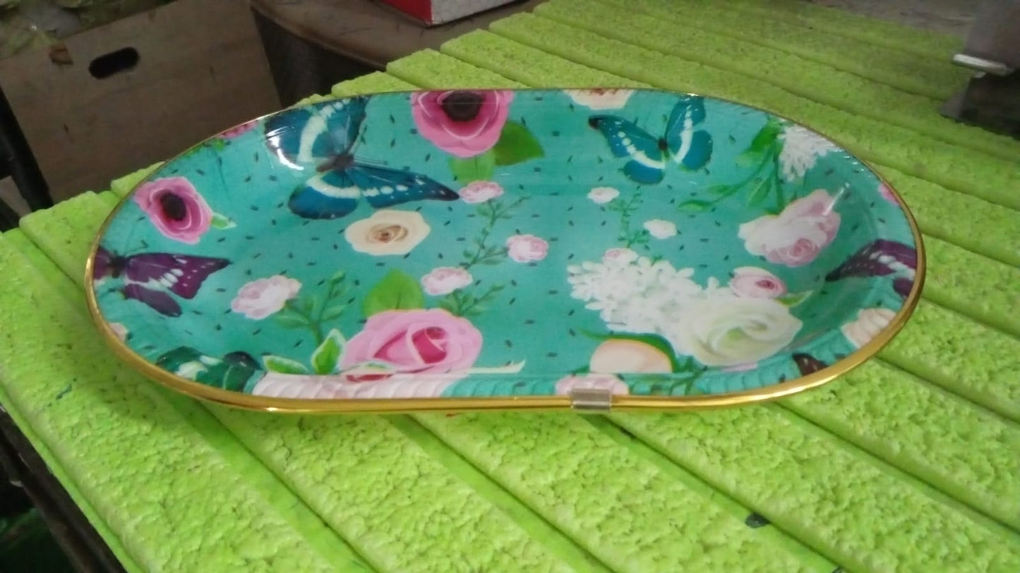 Big Plastic Flower Printed Design Serving Tray (1 Pc / 35 x 24 CM / Mix Color) signaturekarts