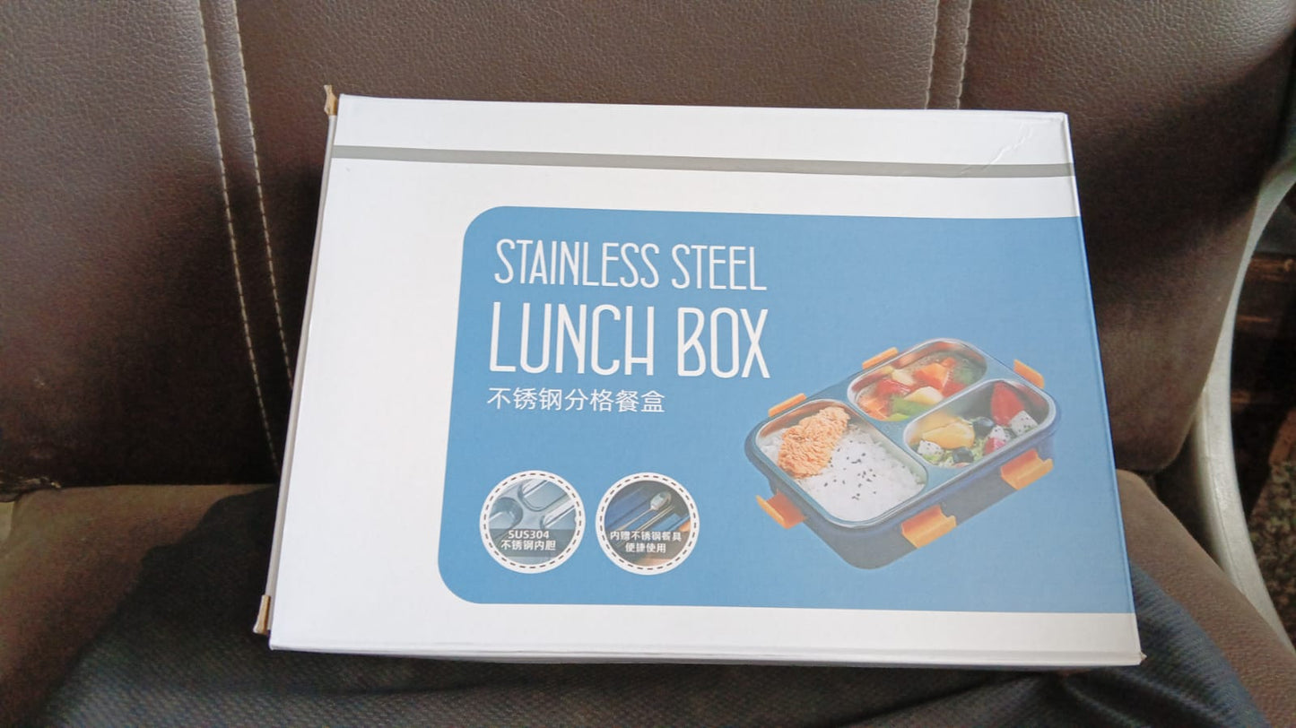 3 Compartment Transparent Stainless Steel Lunch Box with Spoon & Chopsticks (1 Set) Signaturekarts