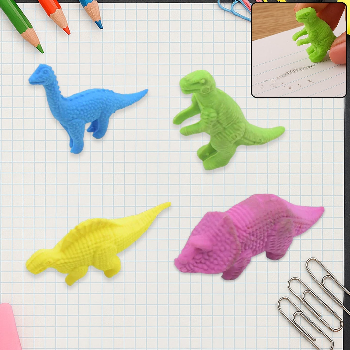 Small Dinosaur Shaped Erasers (4 Pc): Animal Erasers for Kids (School Supplies) signaturekarts