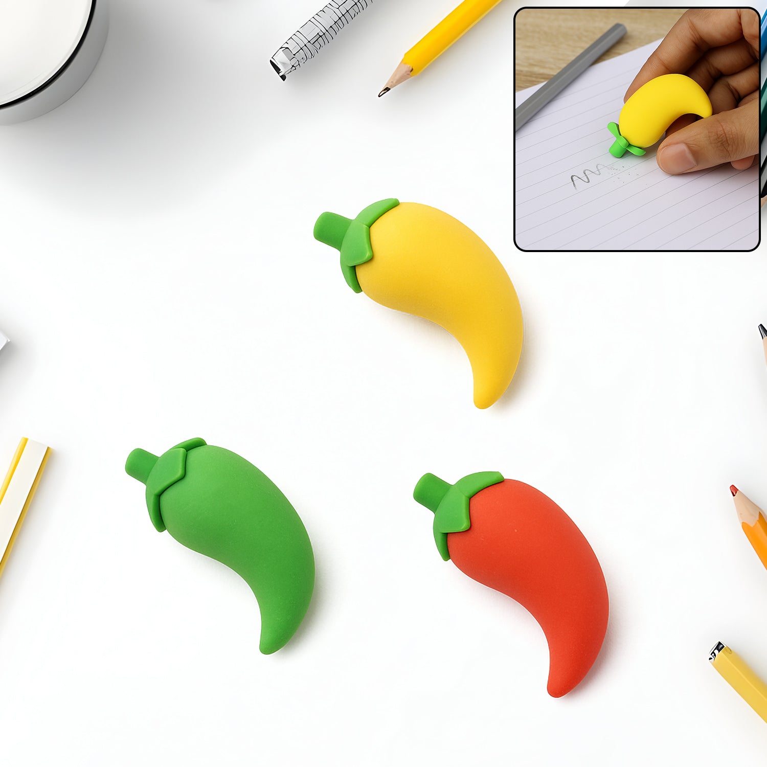 3D Fancy Colorful Chili Shape Erasers – Mini Novelty Eraser Set (3 Pc) signaturekarts