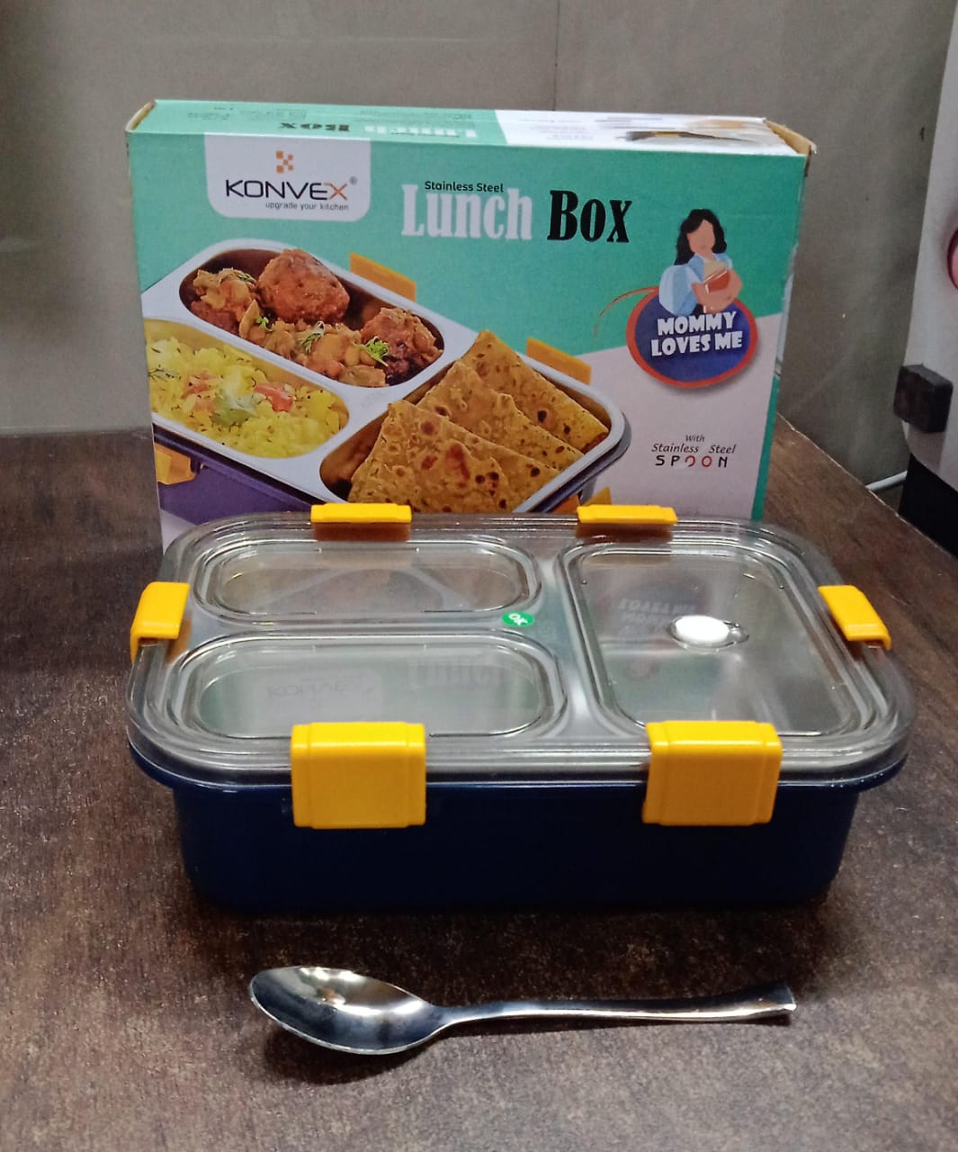 3 Compartment Transparent Stainless Steel Lunch Box for Kids Signature kart