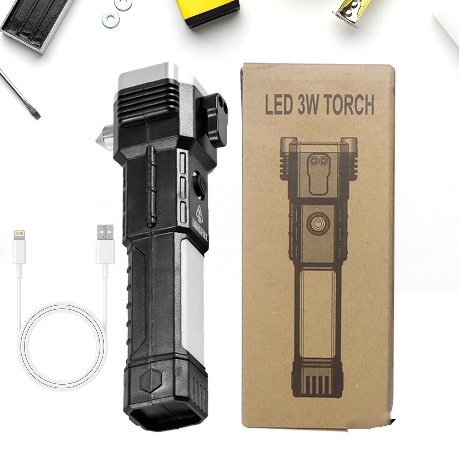 Portable 3W Rechargeable LED Torch with Long Beam, Hammer & Glass Cutter signaturekarts