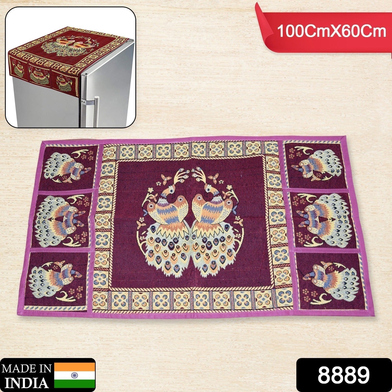 Cotton Fridge Top Cover with Side Pockets for Home Decor (100×60 CM) signaturekarts