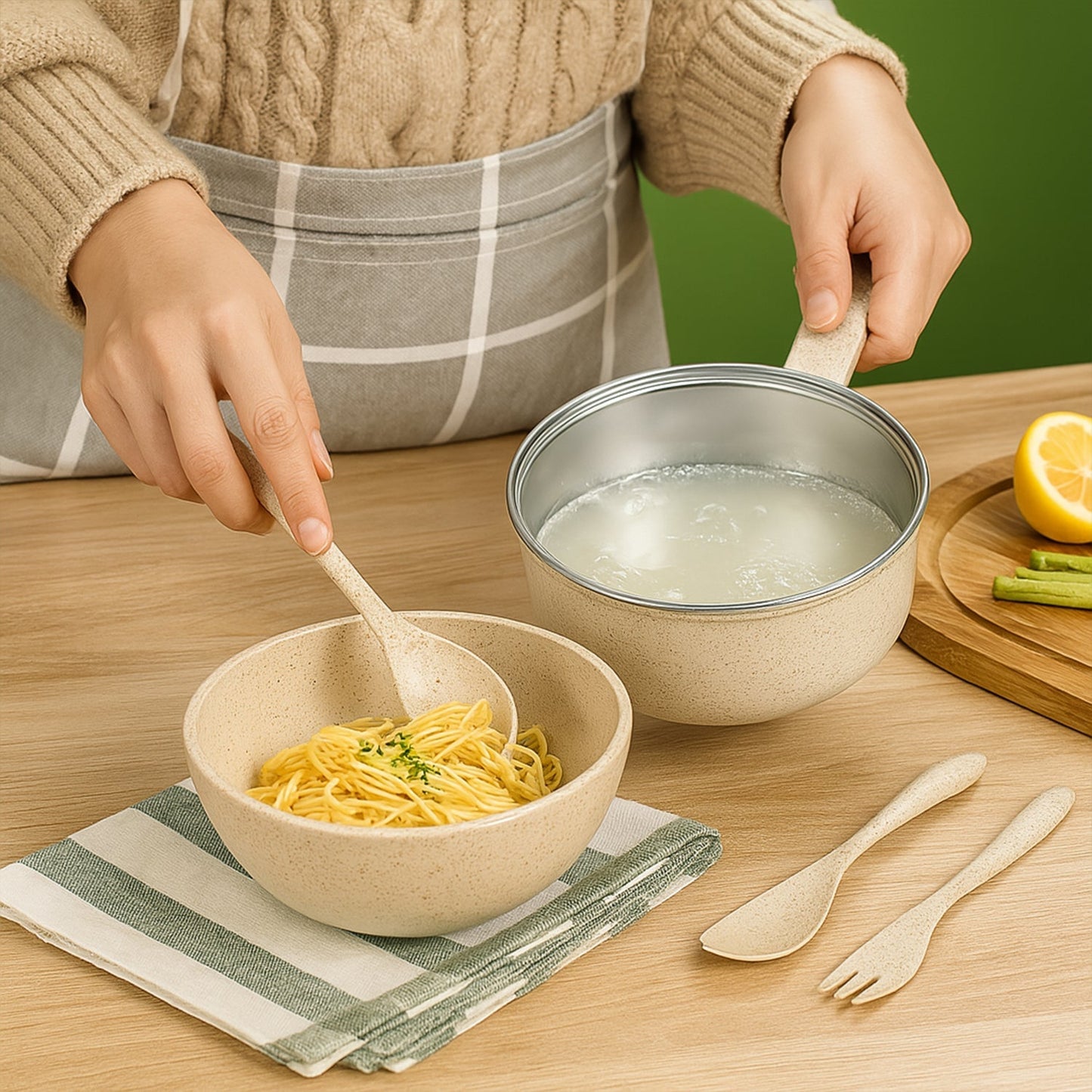 Rice Bowl Noodle Set – 6 Pcs with Lid, Handle & Cutlery signaturekarts