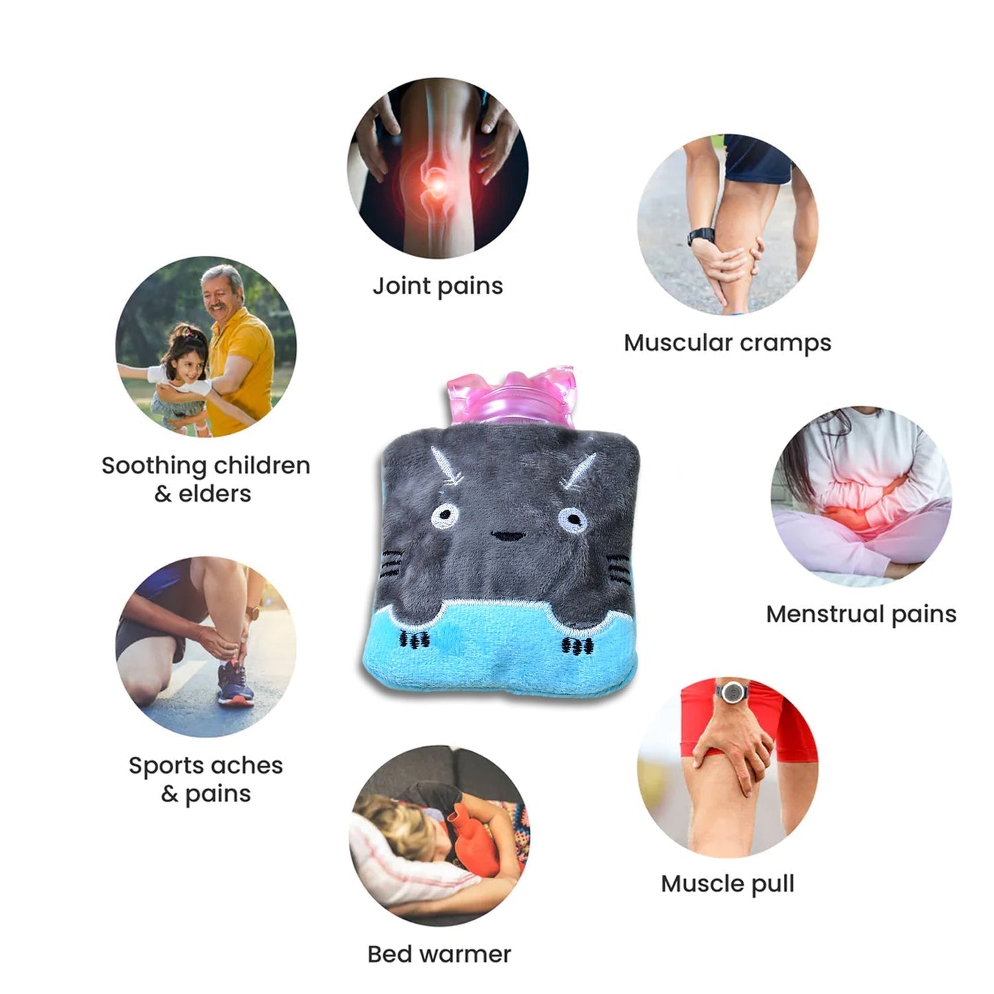 Grey Cat Print Small Hot Water Bag with Cover for Pain Relief signaturekarts