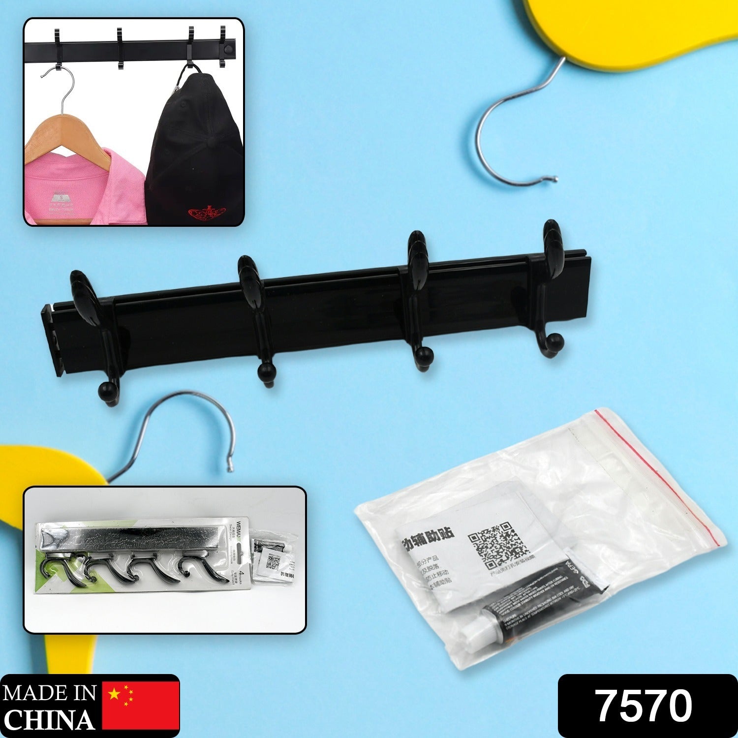 Extra Long 4-Hook Wall Coat Hanger with Eco Adhesive signaturekarts