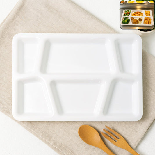 Plastic Multi-Compartment Rectangular Meal Serving Tray / Plate (1 Pc / White) signaturekarts