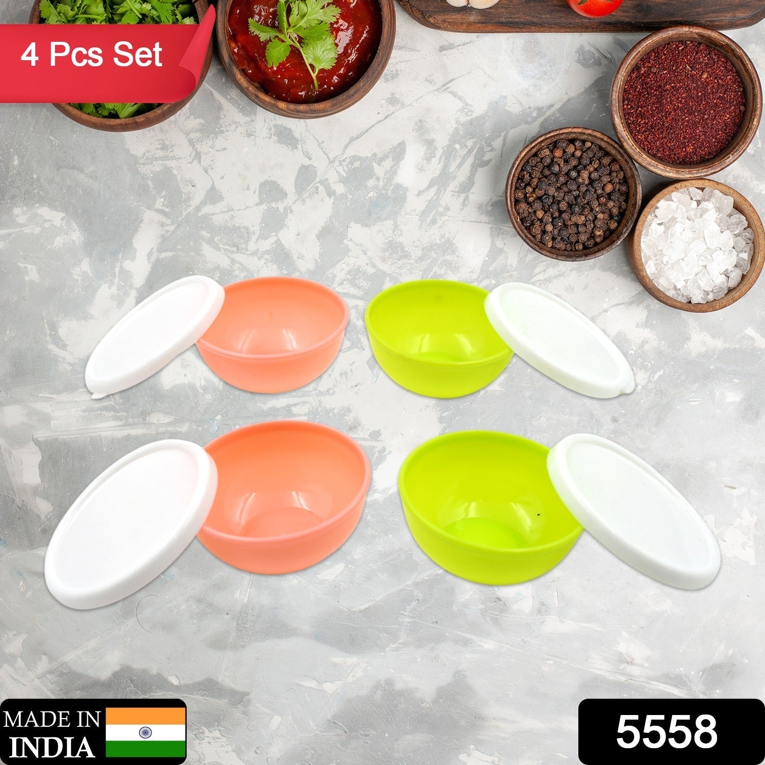Multipurpose Small Round Plastic Bowl / Katori With Lid,  Chutney Bowl (4 Pcs Set) signaturekarts