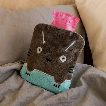 Grey Cat Print Small Hot Water Bag with Cover for Pain Relief signaturekarts