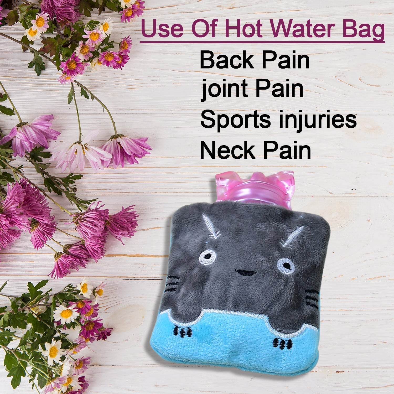 Grey Cat Print Small Hot Water Bag with Cover for Pain Relief signaturekarts