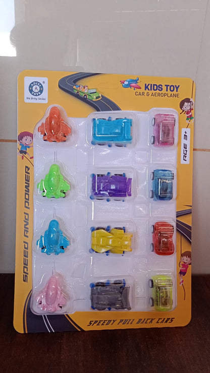 Mini Pull Back Car & Aeroplane Plastic Pull Back Car Cartoon Toys (12 Pcs Set) Signaturekarts