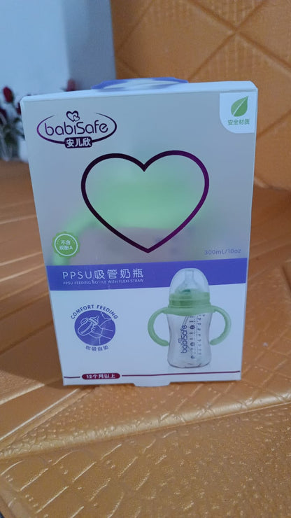 Plastic Baby Feeding Bottle with Handles, Cleaning brush & Straw (300 ML / 1 Pc) Signaturekarts