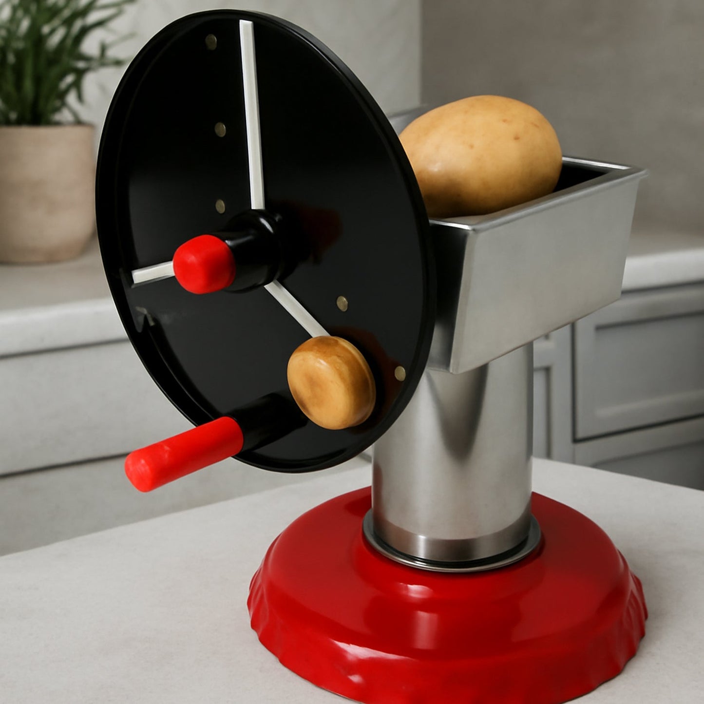 Stainless Steel Chips Maker and Vegetable Slicer for Kitchen Potato Slicer Graters and Chippers. Chips Maker is Suitable for Vegetable Cuttings. Chips Maker Consist Hard Coated Iron Wheel and Stand. signaturekarts