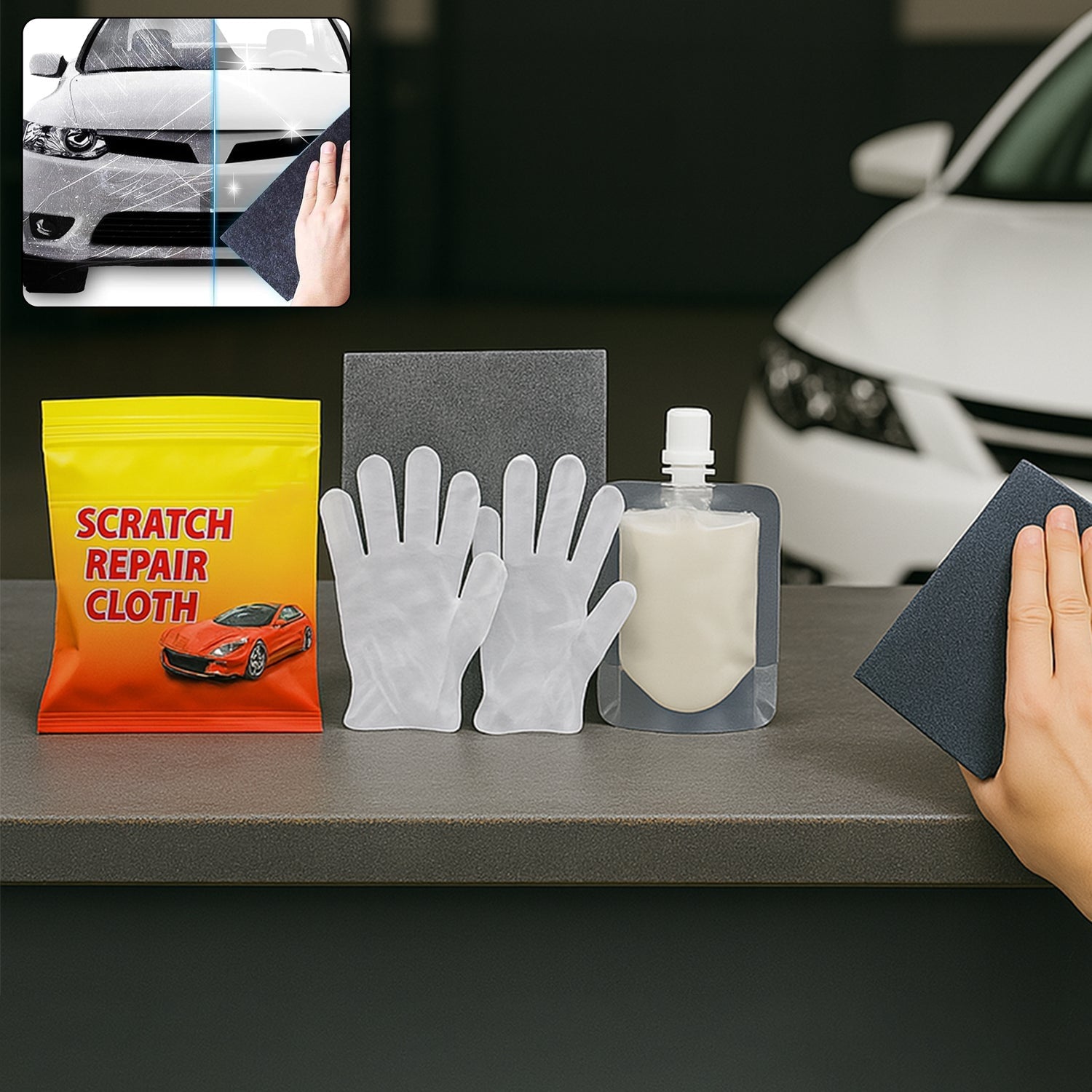 Nano Magic Car Scratch Remover Cloth, Multipurpose Scratch Repair Cloth, Cloth for Car Paint Scratch Repair, Easy to Repair Slight Scratches on the Surface Polishing Repeatable Use for All Kinds of Car (45 ML Repair Solution, 2 Gloves, 2 nano Cloth) signaturekarts