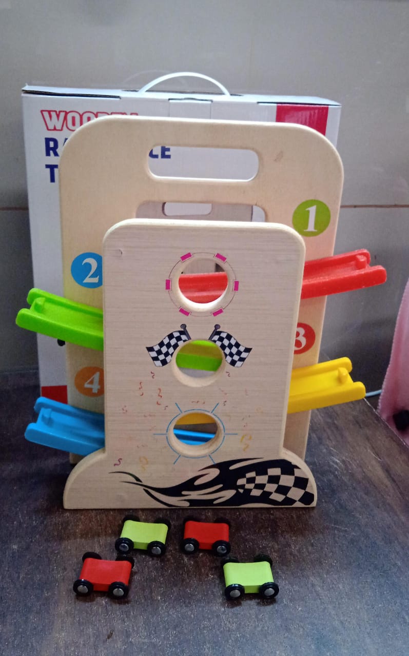 Wooden Ramp Racer Race Track Vehicle Play sets With 4 Mini Racers (with Handle) Signaturekarts