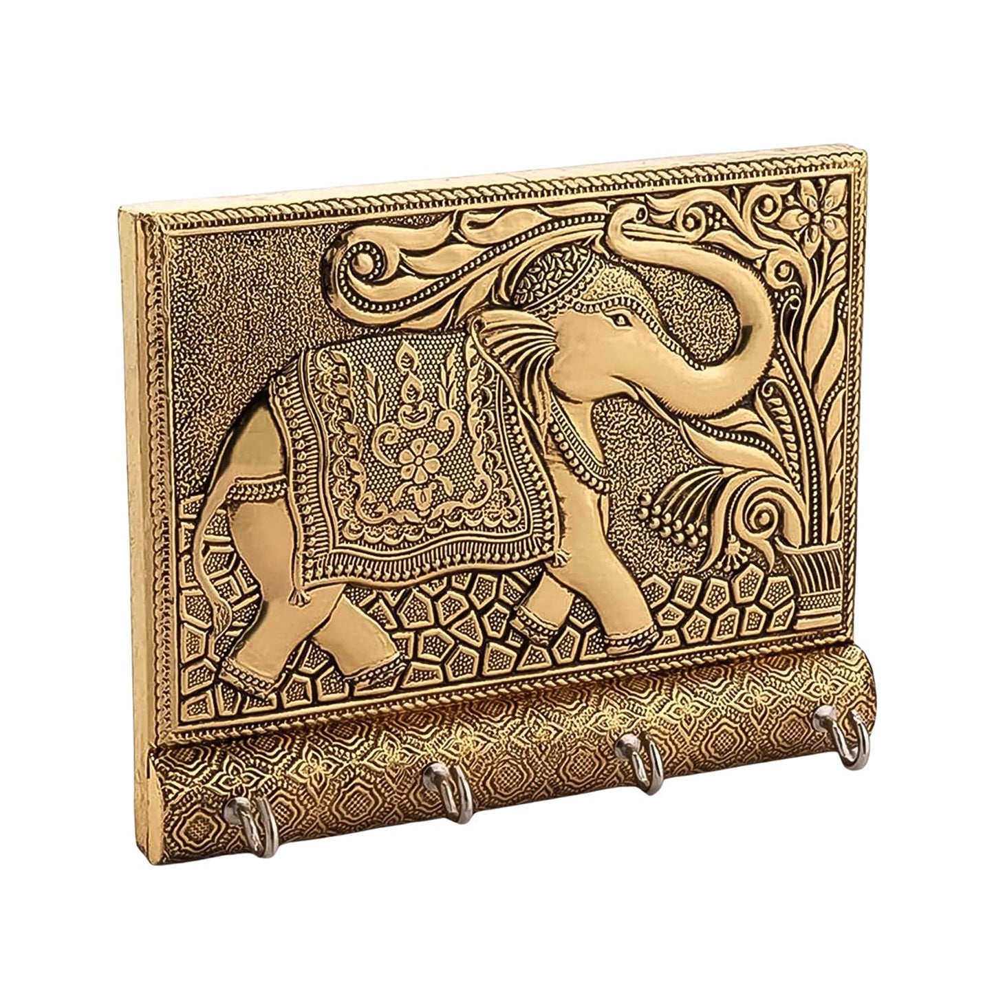 Wooden Key Holder for Home Decor Stylish Metal Gold Antique Elephant Design (1 Pc) Signaturekarts