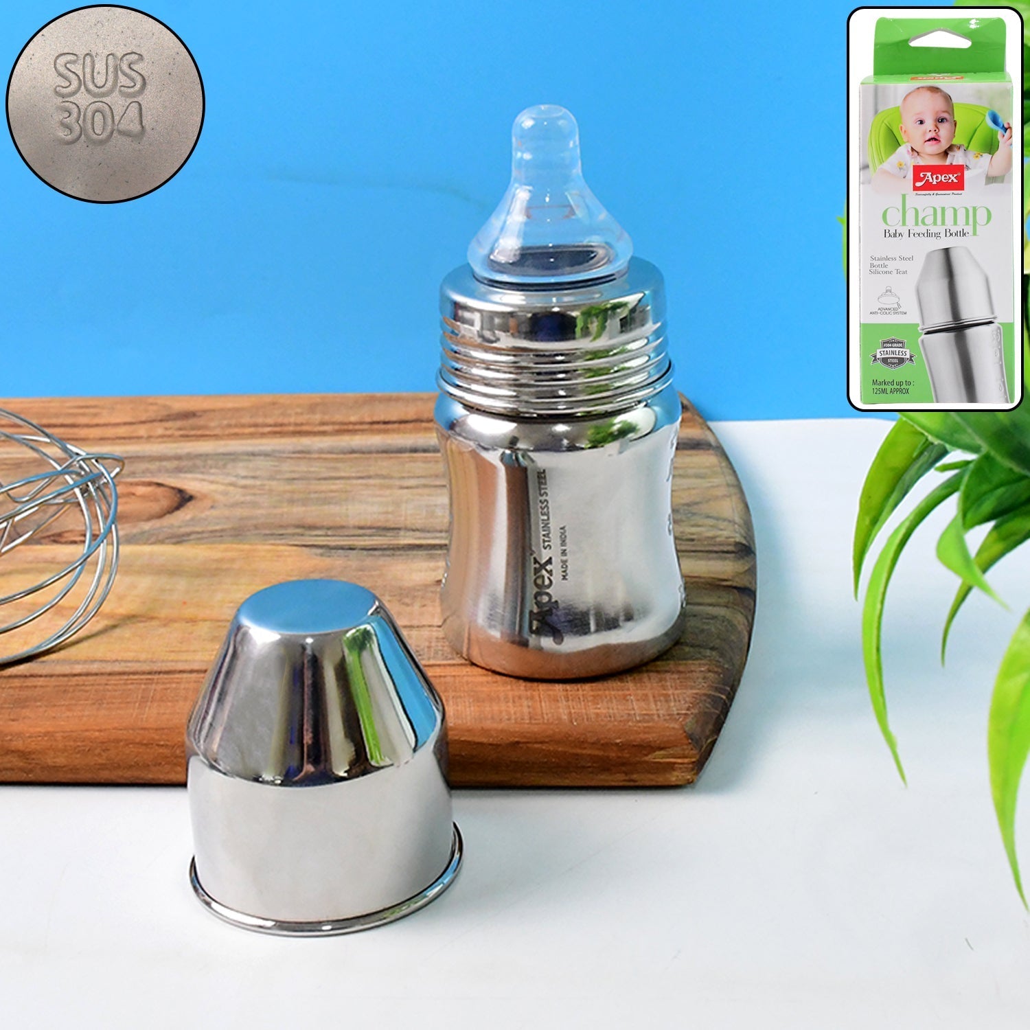 Apex Premium Stainless Steel Baby Feeding Bottle (125 ML / 1 Pc) signaturekarts