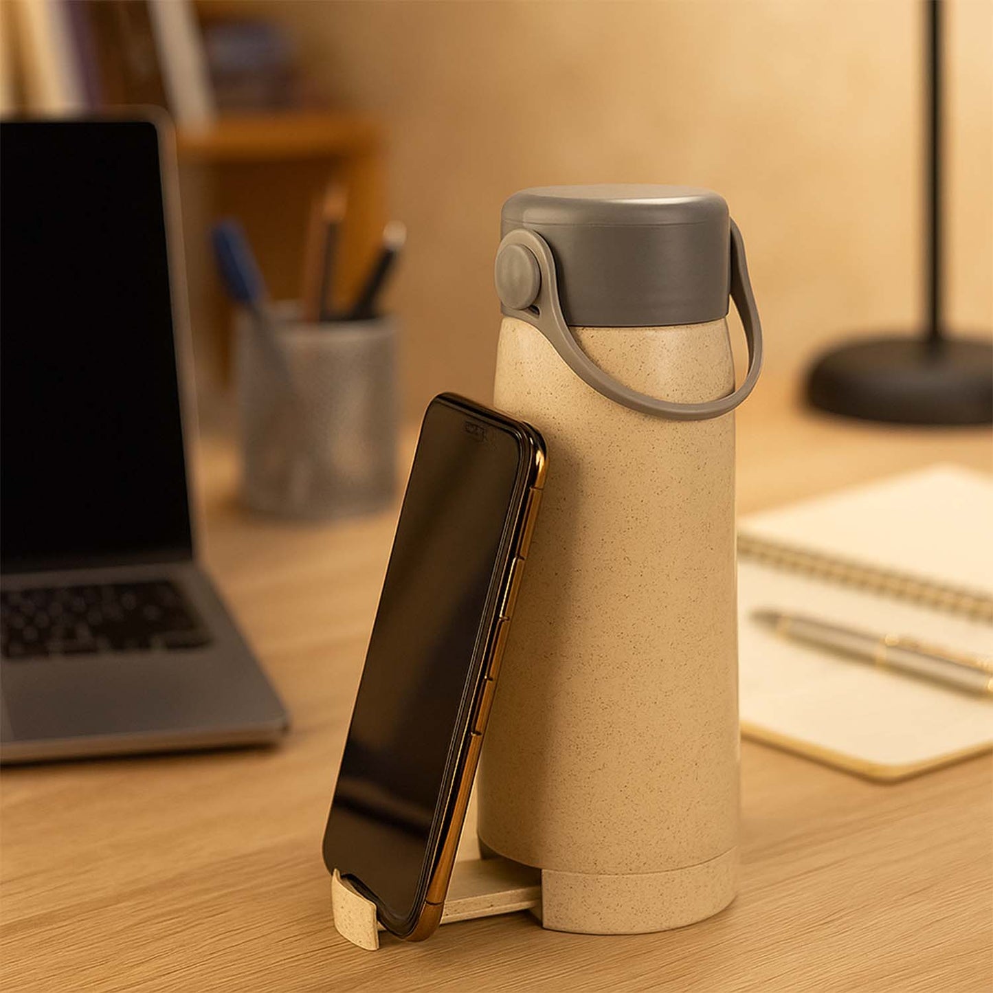 Creative Wheat Glass Water Bottle with Phone Holder (380ml) signaturekarts