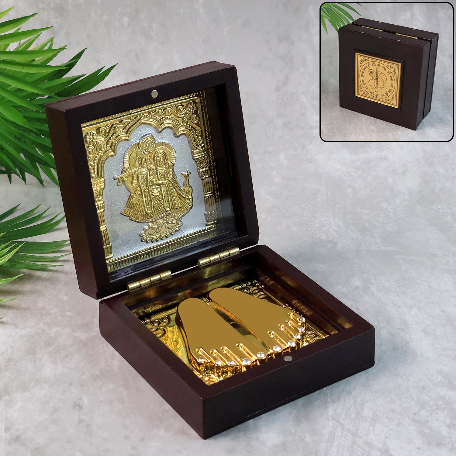 Golden Charan Paduka in Wooden Box – Spiritual Gift & Pooja Accessory signaturekarts