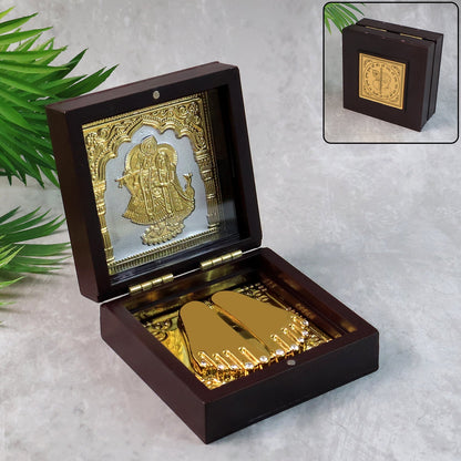 Golden Charan Paduka in Wooden Box – Spiritual Gift & Pooja Accessory signaturekarts